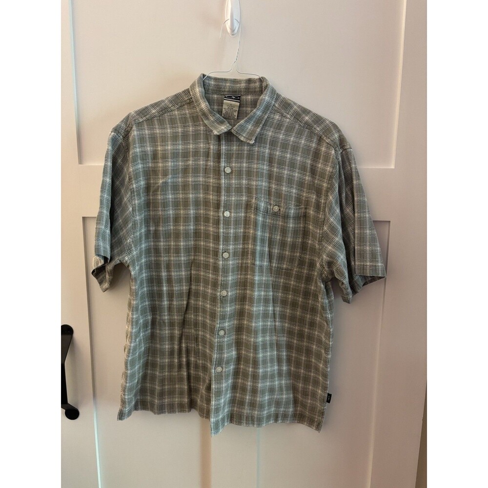 Ocean Pacific OP Mens L Green Plaid Button Up Short Sleeve Shirt Loop Collar Y2k